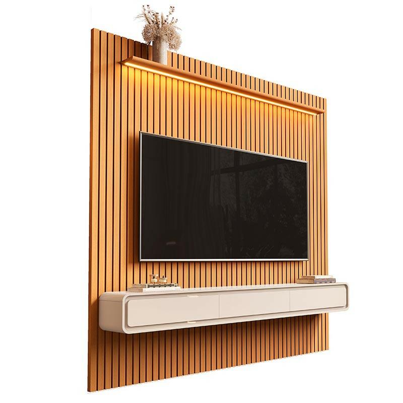 Home Painel Ripado TV 85 Com LED Sala 230cm Trevi 2.3 EDN Cedro/Off White