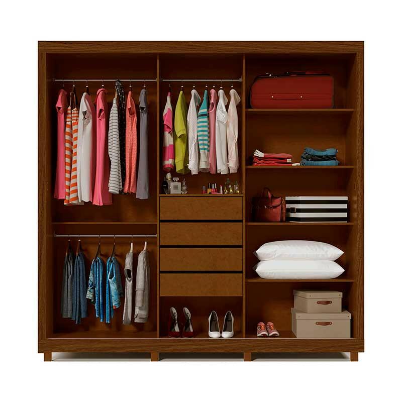 Guarda Roupa Grande Casal 3 Portas Correr 1 Porta de Espelho e Pés 228x226 Royale Gelius Castanho Ripado 3D