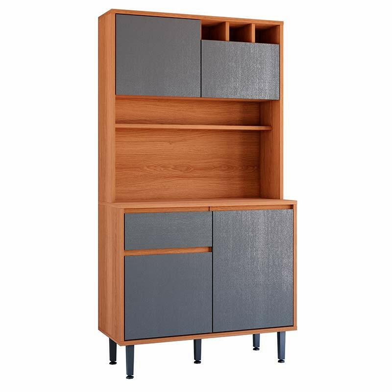 Kit Cozinha Pequena Completa 90x180cm Adega 4 Portas 1 Gaveta Soft Lukaliam Jequitiba/Grafite