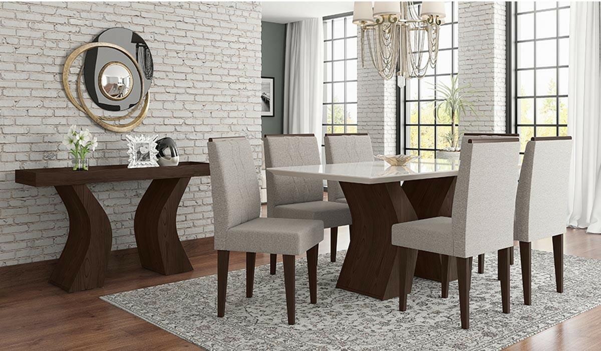 Sala de Jantar Santorini com 06 Cadeiras Creta Lukaliam Noce/Champagne