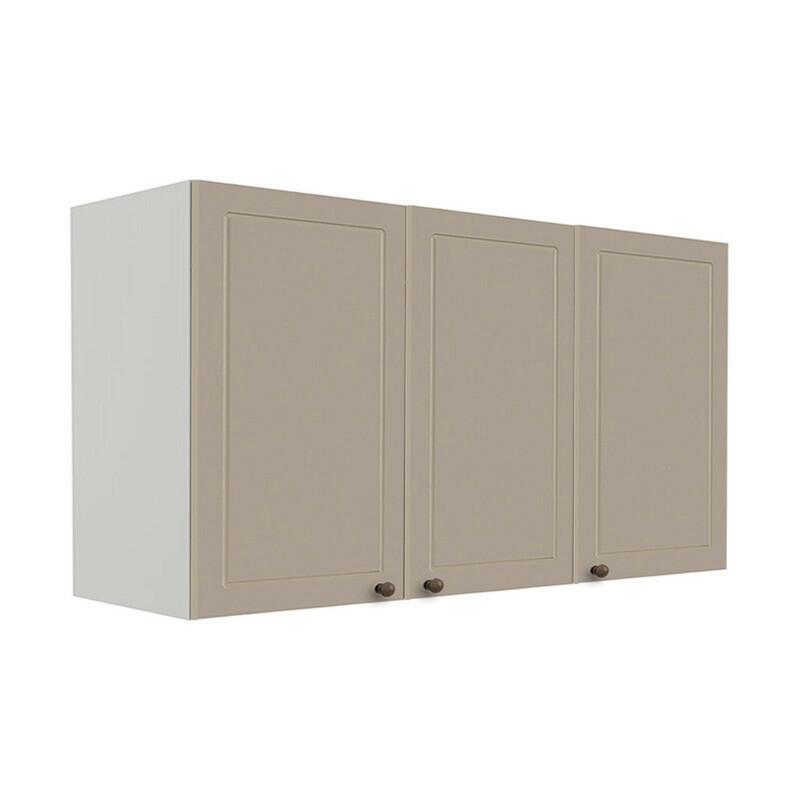 Módulo Armário Aéreo 68x120x56cm 3 Portas 100% MDF Cozinha Provence Robel Branco/Fendi Matte