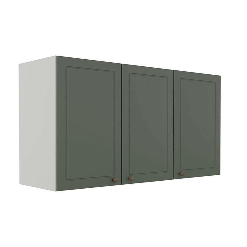 Módulo Armário Aéreo 68x120x56cm 3 Portas 100% MDF Cozinha Provence Robel Branco/Sálvia Matte
