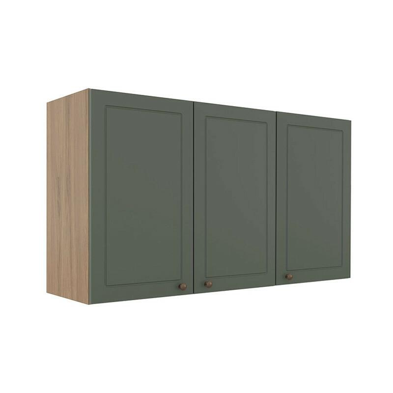 Módulo Armário Aéreo 68x120x34cm 3 Portas 100% MDF Cozinha Provence Robel Hanover/Salvia Matte