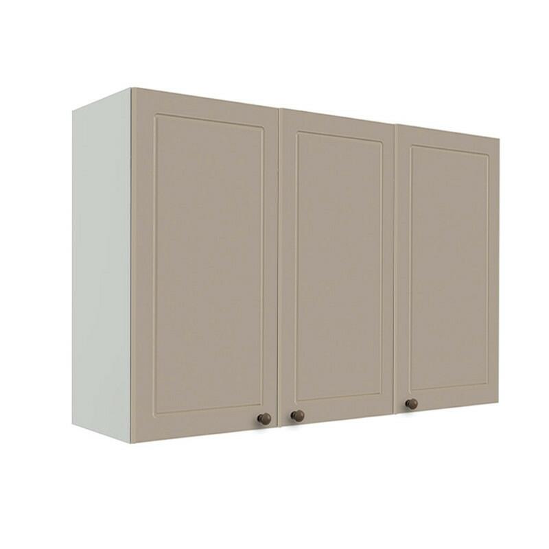 Módulo Armário Aéreo 88x120x34cm 3 Portas 100% MDF Cozinha Provence Robel Branco/Fendi Matte