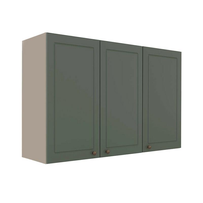 Módulo Armário Aéreo 88x120x34cm 3 Portas 100% MDF Cozinha Provence Robel Fendi/Salvia Matte