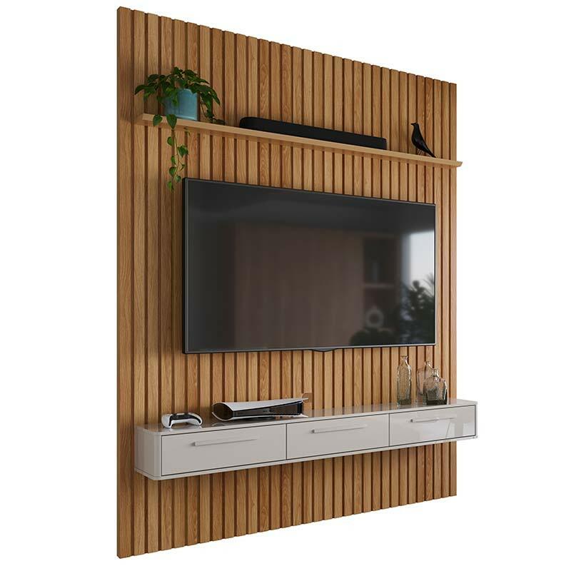 Painel Ripado Bali 190cm x 250cm TV 75 Polegadas Bancada Bali 1.9 Lukaliam Freijo/Off White