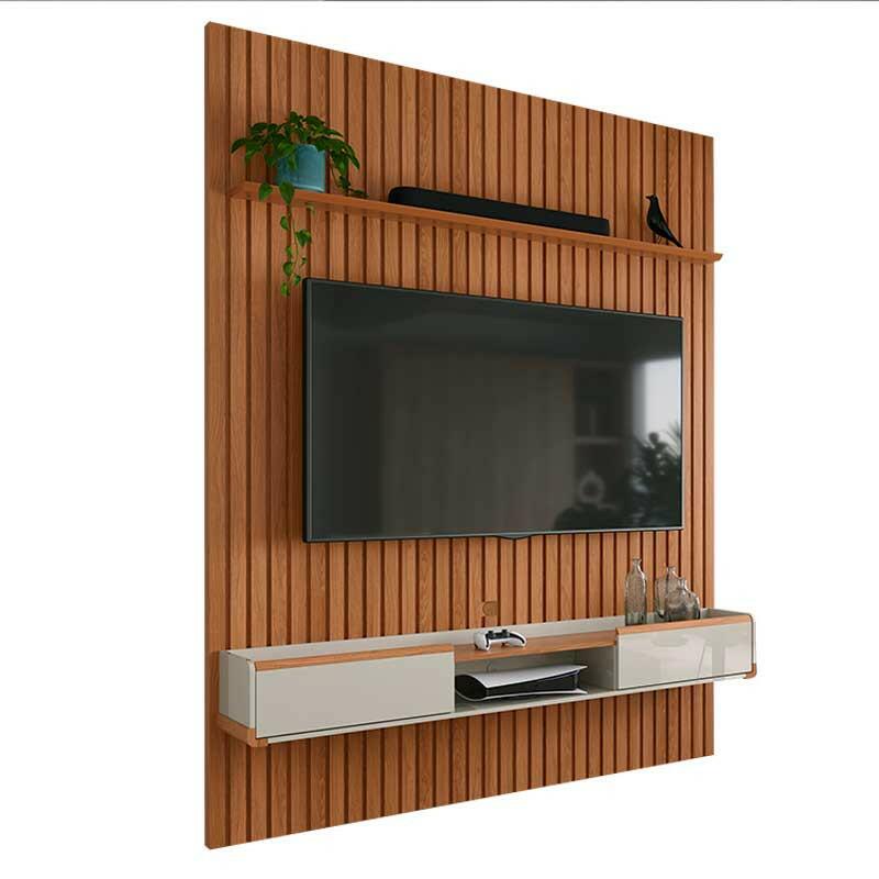 Painel Ripado Bali 190cm x 250cm Para TV 75 Com Bancada Atlas Lukaliam Jequitiba/Off White