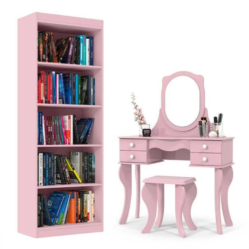 Penteadeira Com Banqueta Princesa com Livreiro Encanto Patrimar Rosa