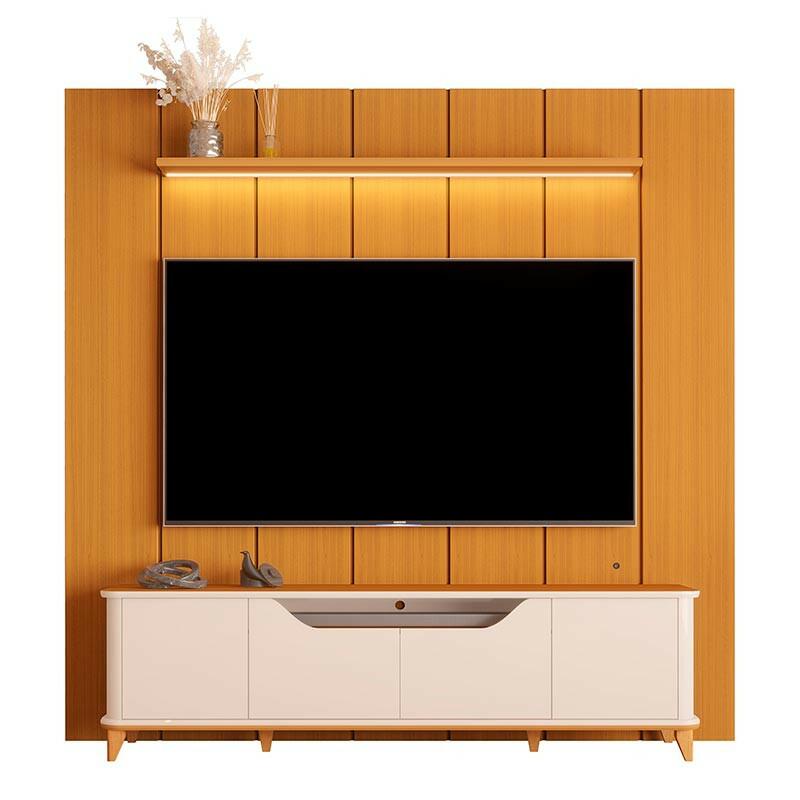 Rack Aron 200cm com Painel Ripado Lumi 220x240cm Para TV até 85" EDN Cedro/Off White