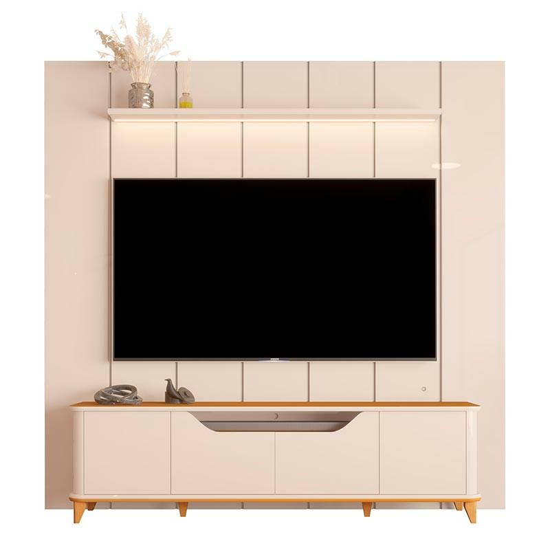 Rack Aron 200cm com Painel Ripado Lumi 220x240cm Para TV até 85" EDN Off White