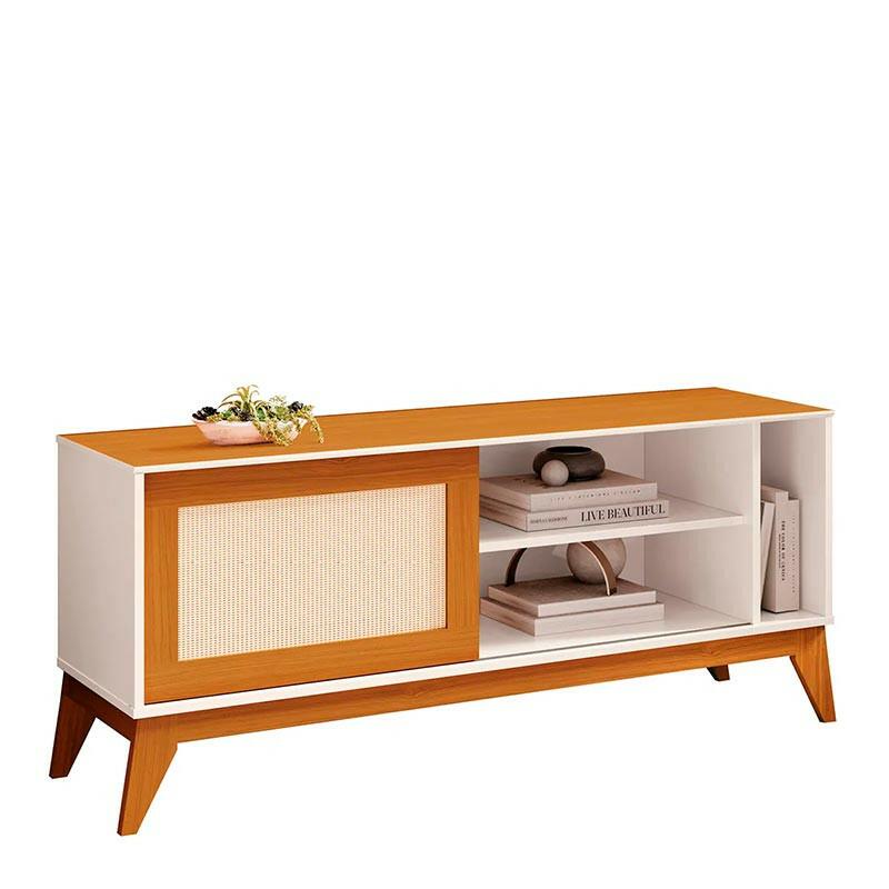 Rack Retrô Ratan Sala Para TV 55¨ 136cm Cayman EDN Off White/Cedro