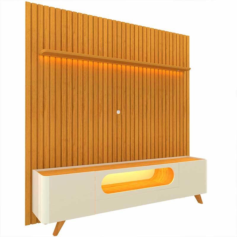 Rack Nobre Pés Madeira Com Painel Ripado Nobre TV 85 Pol 230x250 Gelius Naturale/Off White