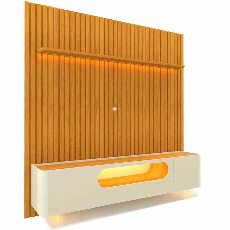 Rack Nobre Pés Vidro Com Painel Ripado Nobre TV 85 Pol 230x250 Gelius Naturale/Off White