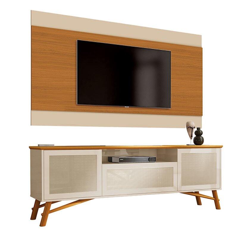 Rack Com Painel 1.8 Com Rattan TV 58 Pol Dante EAX Móveis Off White/Cedro