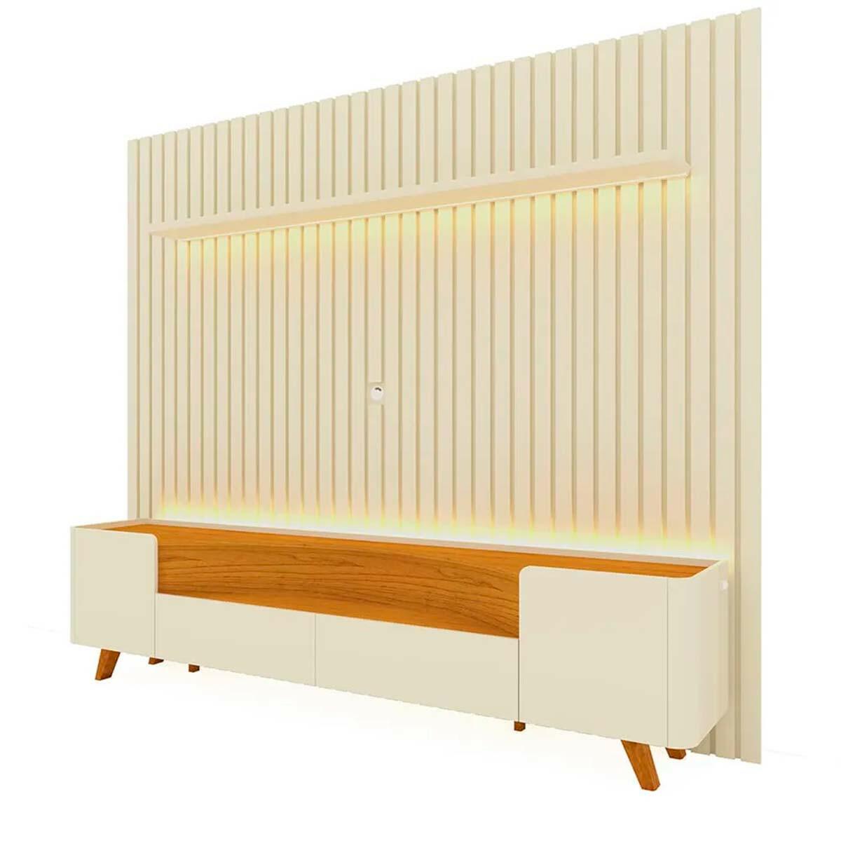 Rack Infinity Pés Madeira Com Painel Ripado Nobre TV 85 Pol 230x250 Gelius Off White/Naturale