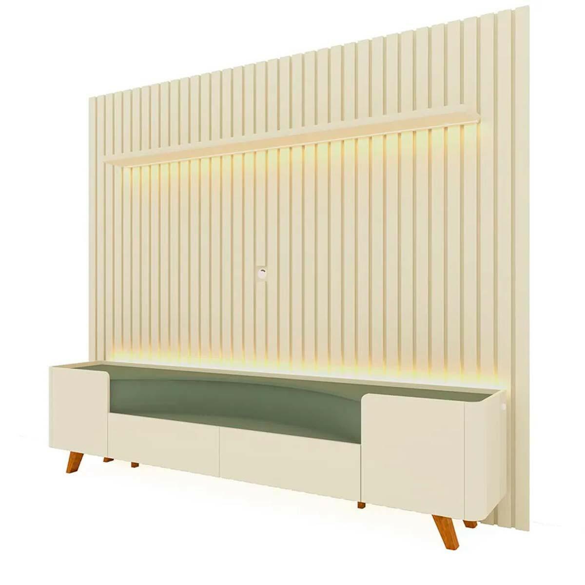 Rack Infinity Pés Madeira Com Painel Ripado Nobre TV 85 Pol 230x250 Gelius Off White/Verde Floresta