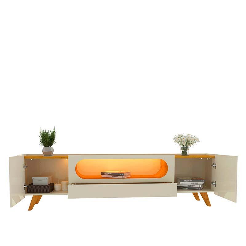 Rack Com LED Pra TV 75 Polegadas Design Exclusivo 210cm Nobre Pés de Madeira Gelius Off White