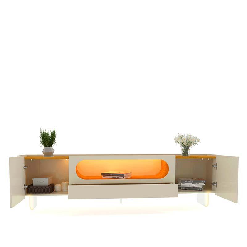 Rack Com LED Pra TV 75 Polegadas Design Exclusivo 210cm Nobre Pés de Vidro Gelius Off White