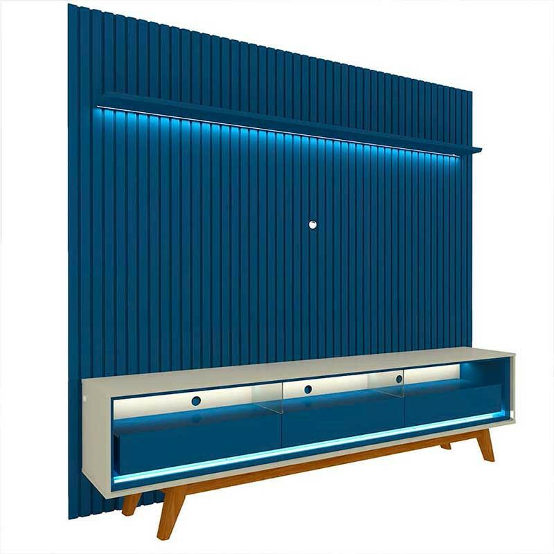 Rack Requinte Pés Madeira com Painel Ripado Nobre 230cm LED TV 85 Polegadas Gelius Azul/Off White