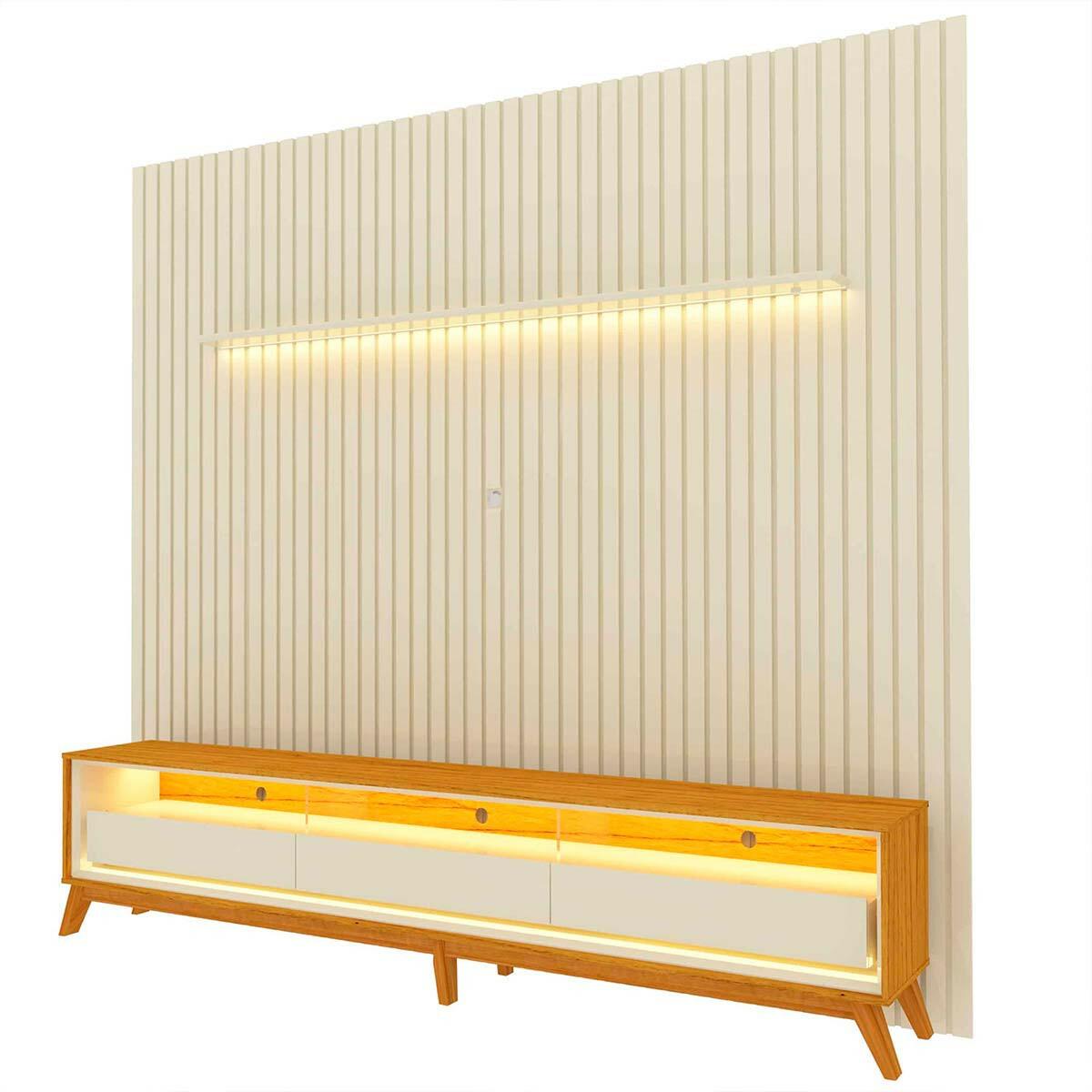 Rack Requinte 260 Pés Madeira com Painel Ripado Nobre LED 275cm TV 85 Polegadas Gelius Off White/Naturale