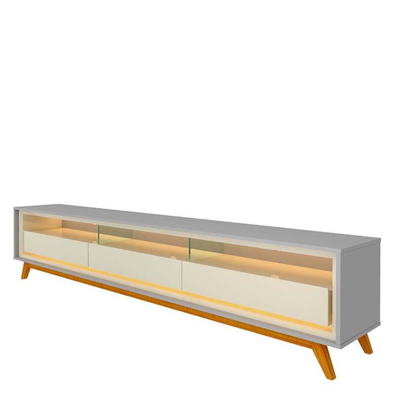 Rack Com LED Pra TV 75 Polegadas 212cm Requinte Pés Madeira Gelius Cinza/Off White