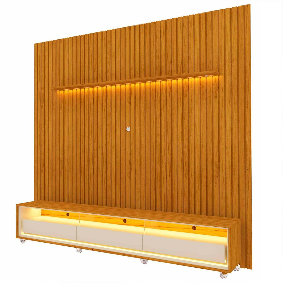 Rack Requinte 260 Pés Rodízios com Painel Ripado Nobre LED 275cm TV 85 Polegadas Gelius Naturale/Off White