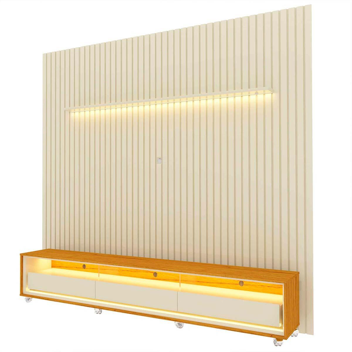 Rack Requinte 260 Pés Rodízios com Painel Ripado Nobre LED 275cm TV 85 Polegadas Gelius Off White/Naturale