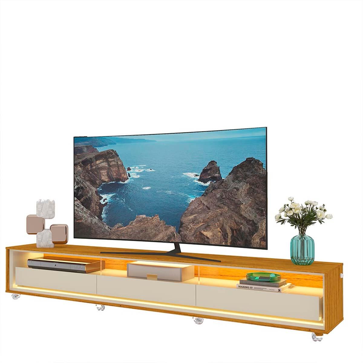 Rack Com LED Pra TV 85 Polegadas 260cm Requinte Rodízios Gelius Naturale/Off White