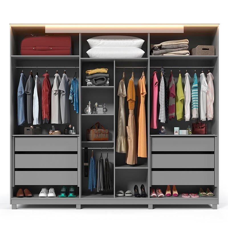 Guarda Roupa Casal Grande 273x242x64 Com Espelho e Pés Inovação Gelius Cinza/Ipê