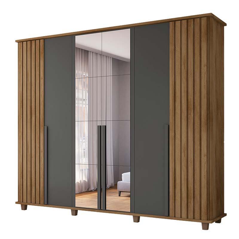 Guarda Roupa Ripado Casal 6 Portas 240cm Com Espelho França RV Móveis Cinamomo/Grafite