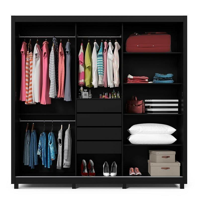 Guarda Roupa Grande Casal 3 Portas Correr 1 Porta de Espelho e Pés 228x226 Royale Gelius Preto