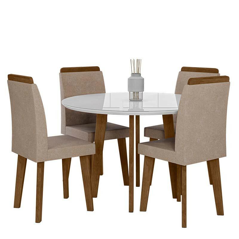 Conjunto Mesa de Jantar Redonda Tampo Vidro Com 04 Cadeiras Turmalina RV Móveis Branco/Pena Caramelo