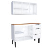 Cozinha Completa Balcão Aço com Tampo Madeira e Armário Aéreo Júpiter 120 Cozimax Branco/Jequitiba