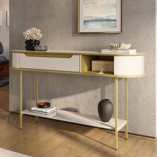 Aparador Sala 136cm Pés de Ferro Arredondado 1 Gaveta Atlanta Lukaliam Off White/Dourado