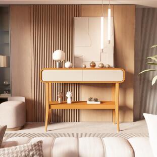 Aparador Design Exclusivo Sala 2 Gavetas Liv EDN Off White/Cedro