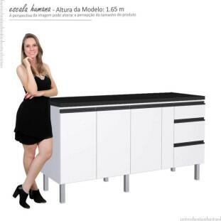 Balcão Para Cozinha de Aço 3 Portas 3 Gavetas e Porta Tempero Gaia 200cm Com Tampo Cozimax Branco 