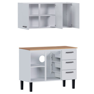 Cozinha de Aço Balcão Com Tampo Jequitiba e Armário Aéreo Novo Vênus 120 Cozimax Branco