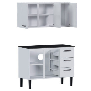 Cozinha de Aço Balcão Com Tampo Preto e Armário Aéreo Novo Vênus 120 Cozimax Branco