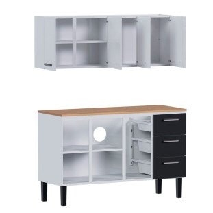 Cozinha de Aço Balcão Com Tampo Jequitiba e Armário Aéreo Novo Vênus 150 Cozimax Branco/Preto