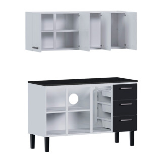 Cozinha de Aço Balcão Com Tampo Preto e Armário Aéreo Novo Vênus 150 Cozimax Branco/Preto