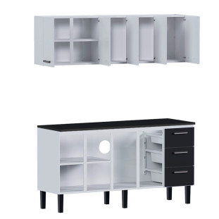 Cozinha de Aço Balcão Com Tampo Preto e Armário Aéreo Novo Vênus 180 Cozimax Branco/Preto