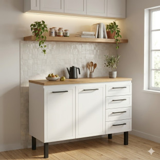 Balcão de Aço Com Tampo Madeira 117x91x52cm 2 Portas 4 Gavetas Juno 120 Cozimax Branco/Jequitiba