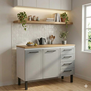 Balcão de Aço Com Tampo Madeira 117x91x52cm 2 Portas 4 Gavetas Juno 120 Cozimax Cinza/Jequitiba