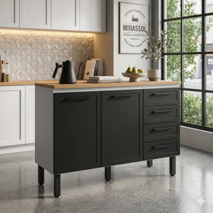 Balcão de Aço Com Tampo Madeira 117x91x52cm 2 Portas 4 Gavetas Juno 120 Cozimax Preto/Jequitiba