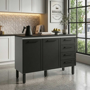 Balcão de Aço Com Tampo Madeira 117x91x52cm 2 Portas 4 Gavetas Juno 120 Cozimax Preto/Preto