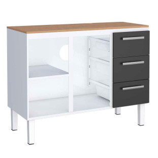 Balcão de Aço Cozinha 117x92x52cm 3 Gavetas Com Tampo Jequitiba Vênus 120 Cozimax Branco/Preto