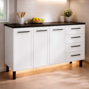 Balcão de Aço Com Tampo Madeira 134x91x52cm 3 Portas 4 Gavetas Juno 140 Cozimax Branco/Preto