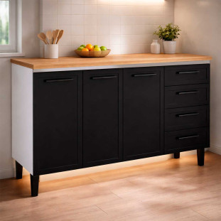 Balcão de Aço Com Tampo Madeira 134x91x52cm 3 Portas 4 Gavetas Juno 140 Cozimax Preto/Jequitiba