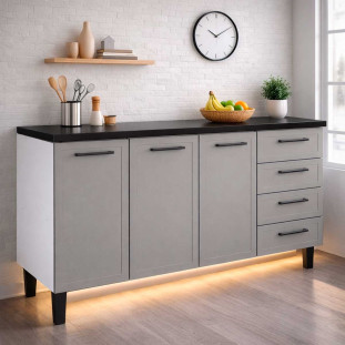 Balcão de Aço Com Tampo Madeira 144x91x52cm 3 Portas 4 Gavetas Juno 150 Cozimax Cinza/Preto