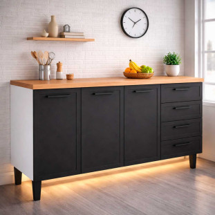 Balcão de Aço Com Tampo Madeira 144x91x52cm 3 Portas 4 Gavetas Juno 150 Cozimax Preto/Jequitiba